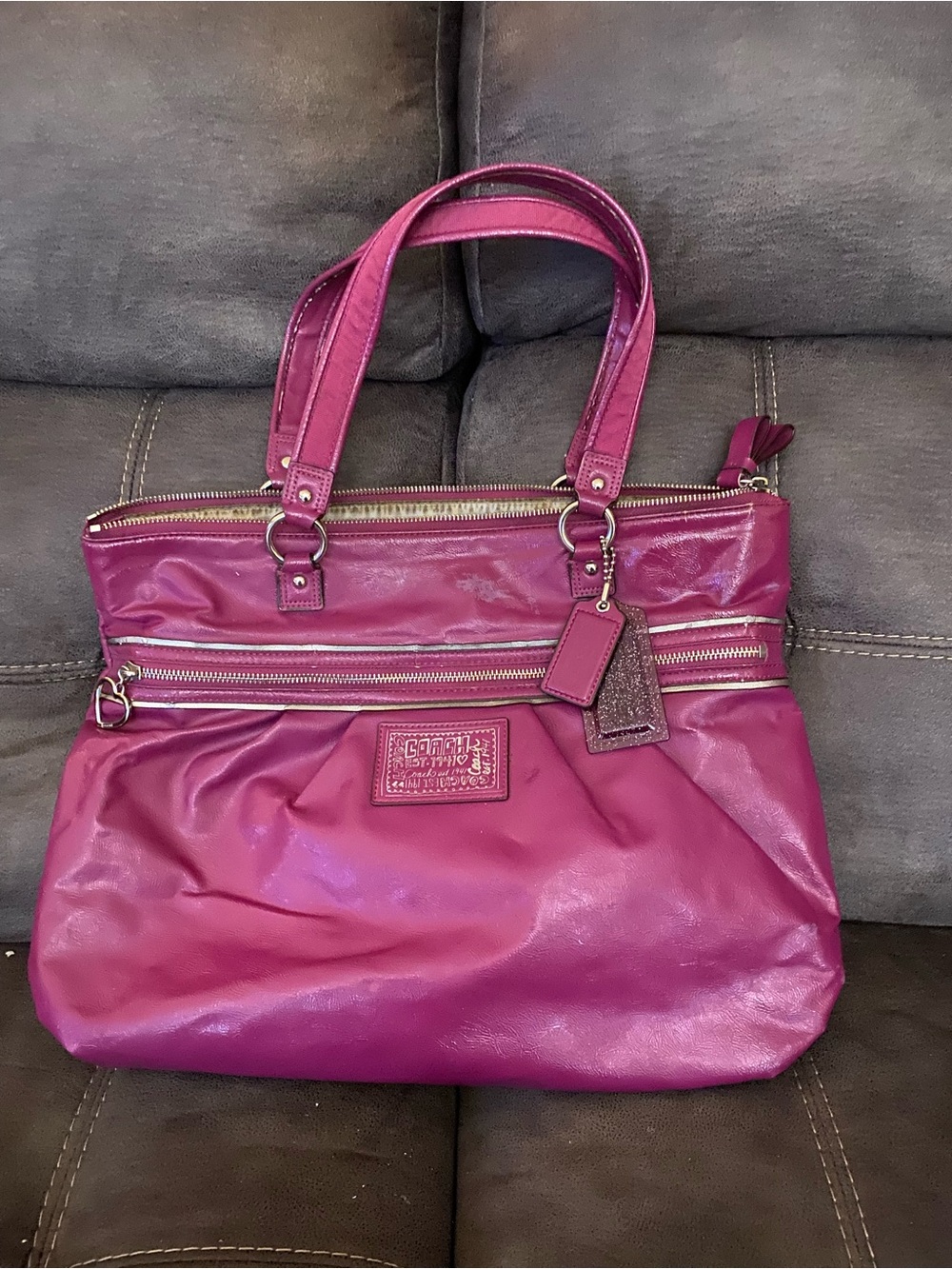 Coach Fuchsia Leather Tote with Zip Accents